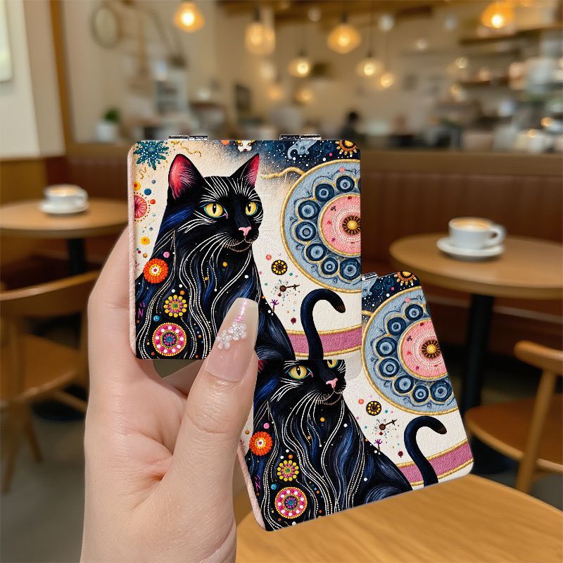 Double-Sided Portable Folding Small Mirror with Black Cat Design